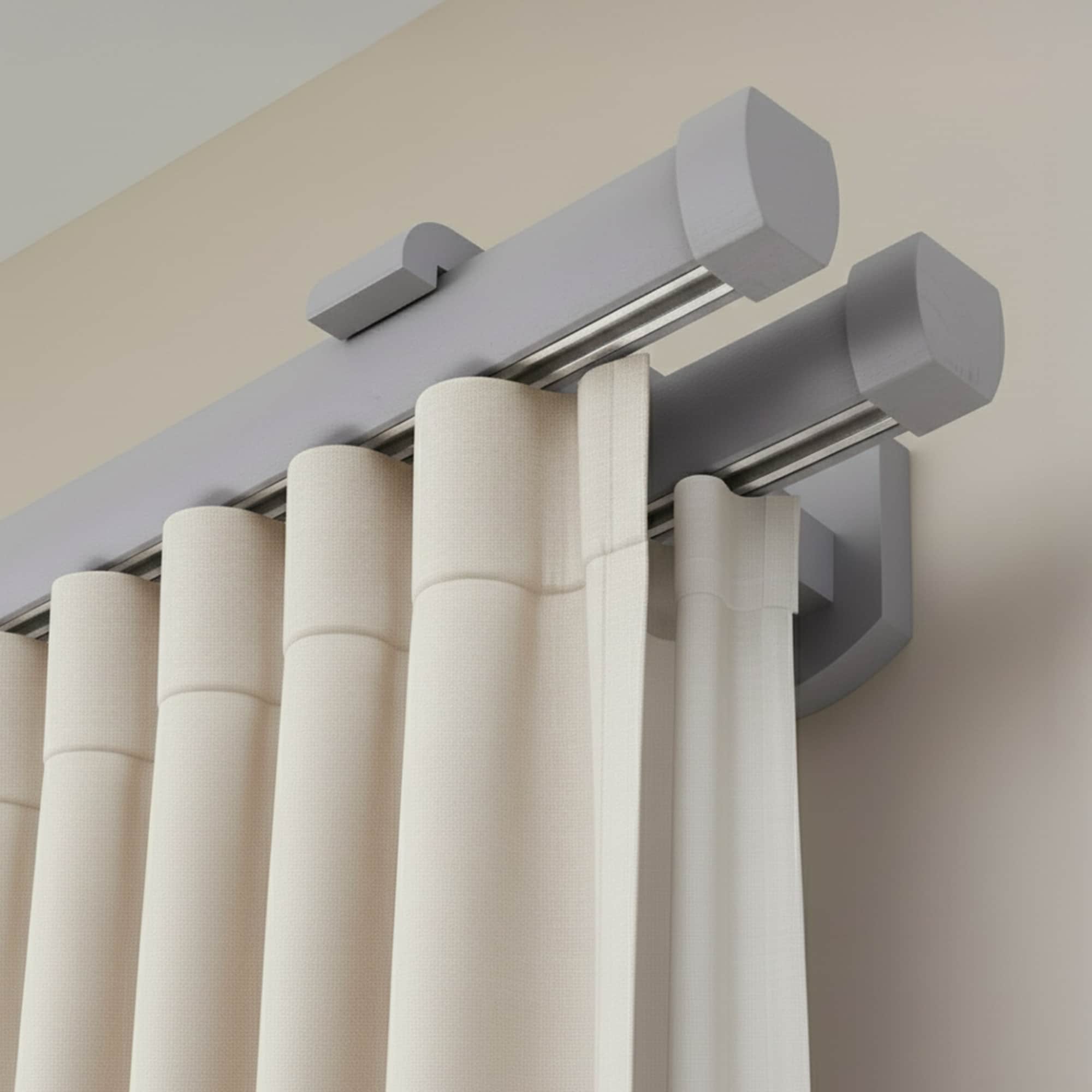 Koľajnica na záclonu a záves Domino Dvojitý z dreva Gri_fereastra