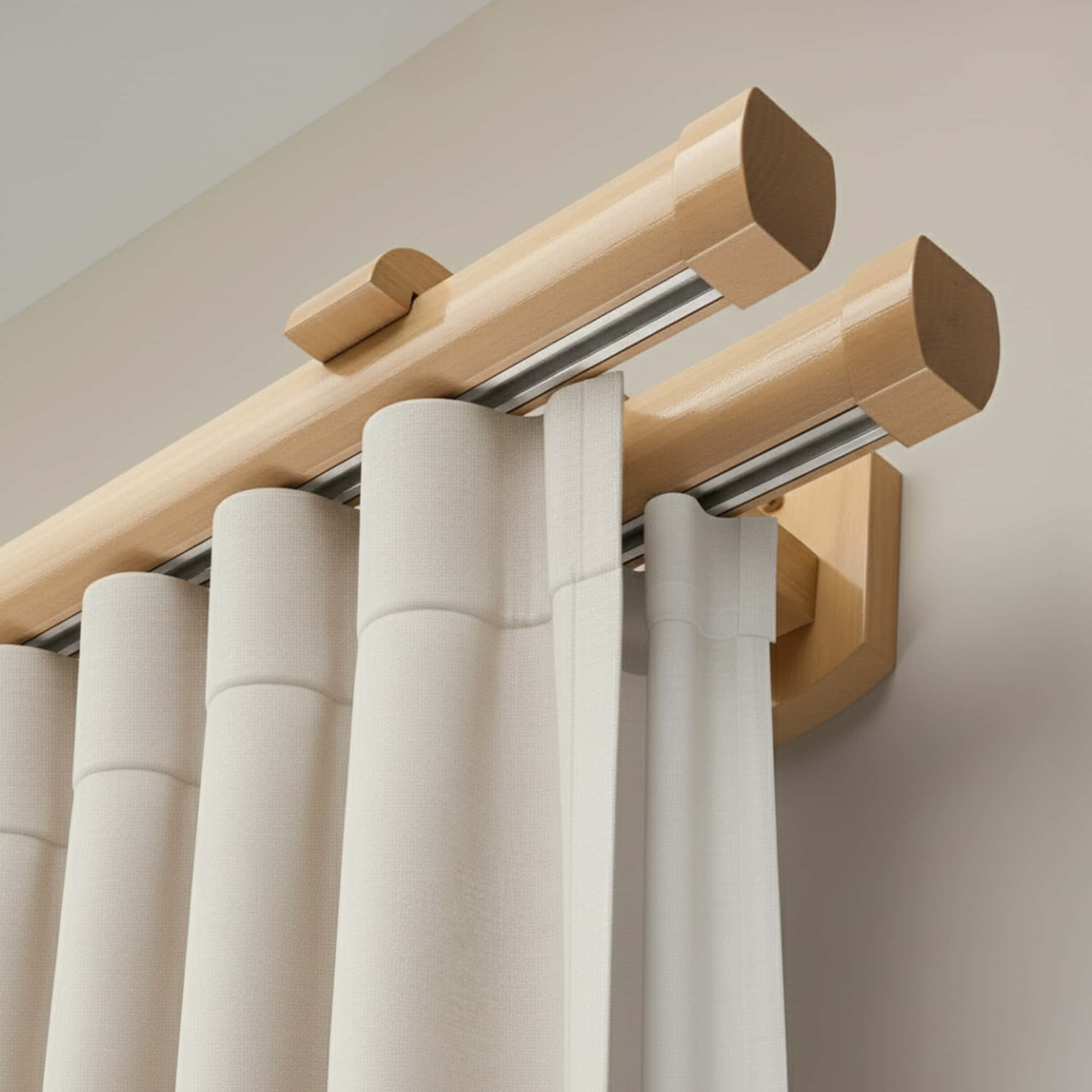 Koľajnica na záclonu a záves Domino Dvojitý z dreva Prírodná