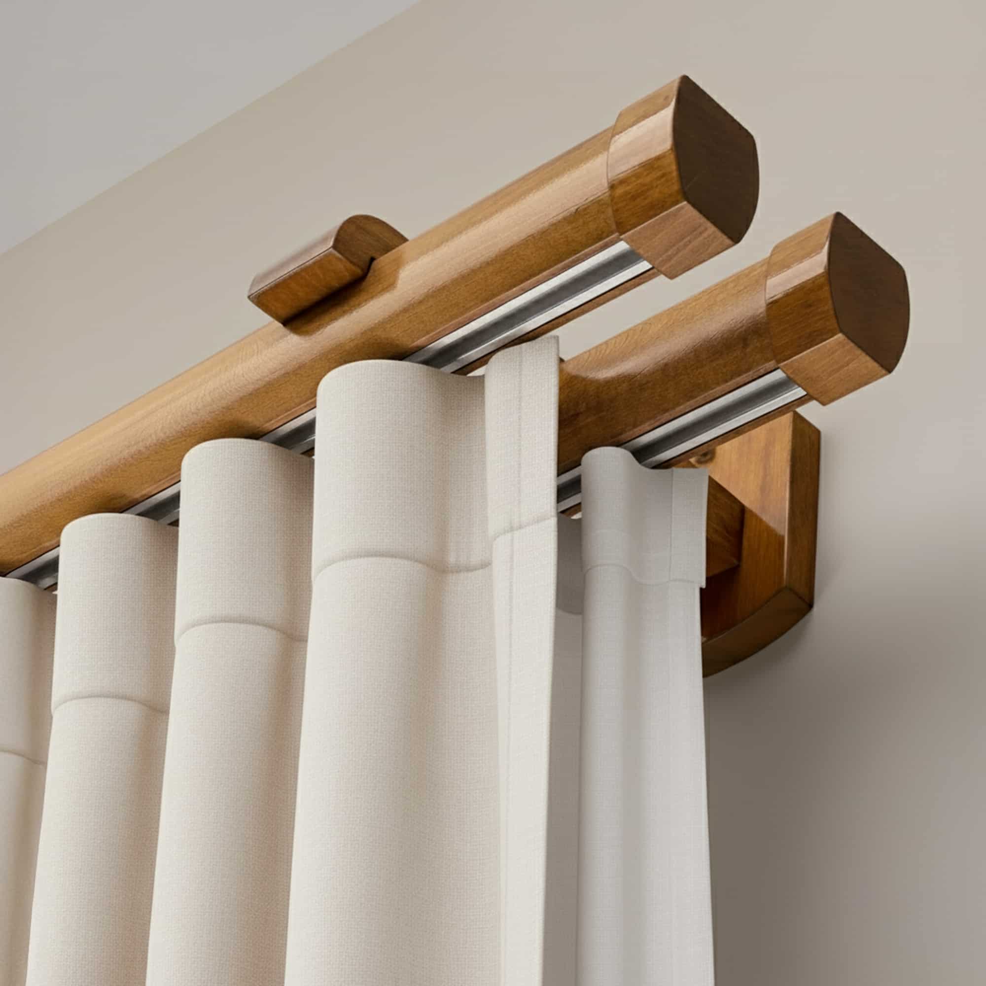 Koľajnica na záclonu a záves Domino Dvojitý z dreva Stejar_auriu